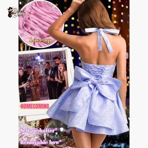 Jacquard Corset Mini Dress Deep V Halter Bow Back Formal Prom - Picture 2 of 7